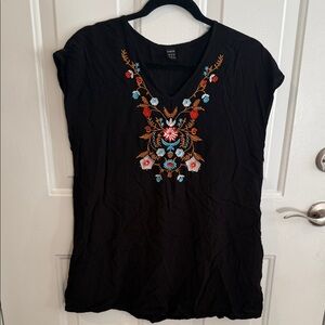 SHEIN Black Tee with Colorful floral Embroidery viscose